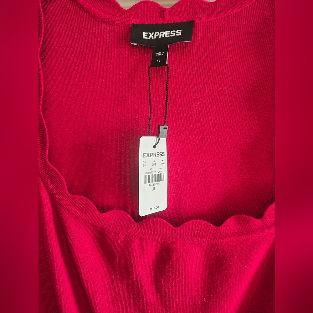 Express Red Scallop Neck Fit-and-Flare Dress - Picture 9 of 16